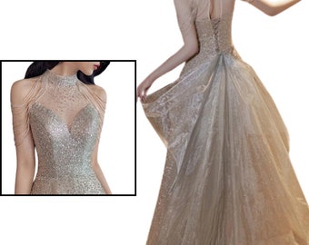 Champagne Glitter Sleeveless Prom Dress,Elegant Fairy Dress,Princess Dress,Wedding Dress,Women Dress,Gown Ball Dress,School Dance Dress,Gift