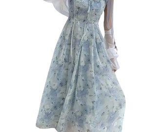 Vintage Blue Floral Slip Dress,French Victorian Dress,Summer Beach Dress,Princess Dress,Cottagecore Dress,Milkmaid Dress,Fairy Dress