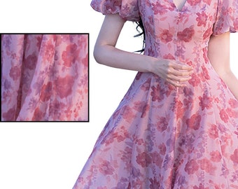 French Pink Floral Print Dress,Puff Sleeve V-neck Dress,Vintage Fairy Dress,Milkmaid Dress,Cottagecore Dress,Women Dress,Summer Beach Dress