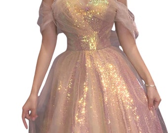 Starry Pink Sequin Tulle Dress,Romantic Fairy Dress,Off Shoulder Dress,Princess Dress,Graduation Ball Dress,Evening Prom Dress,Wedding Dress
