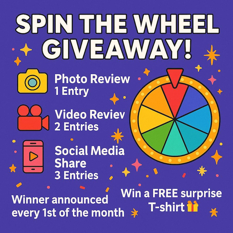May include: A promotional graphic on a purple background with the text "SPIN THE WHEEL GIVEAWAY!". It features a colorful prize wheel, icons for photo and video reviews, and social media sharing. The text also mentions a free t-shirt.