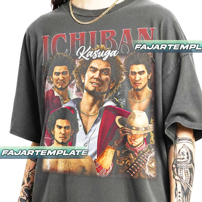May include: Dark gray t-shirt featuring a graphic of a man with the text "ICHIBAN Kasuga". The graphic includes multiple images of the man in various poses. The shirt has a vintage, distressed look.