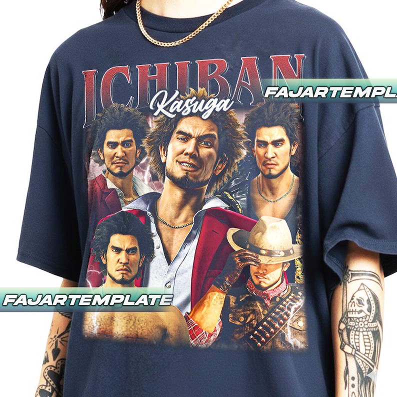 May include: Navy blue t-shirt featuring a graphic of a man with the text "ICHIBAN Kasuga". The graphic includes multiple images of the same man in different poses and outfits. The shirt has a crew neck and short sleeves.