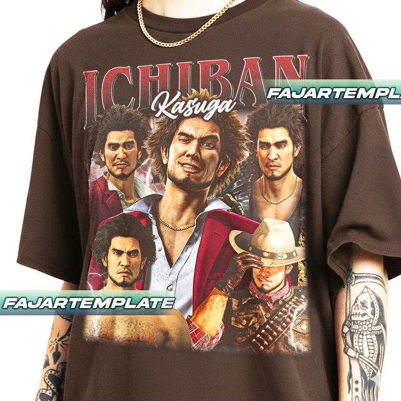 May include: A brown t-shirt featuring a graphic of a man with the text "ICHIBAN Kasuga" in a vintage style. The graphic includes multiple images of the same man in different poses. The shirt has short sleeves and a crew neck.