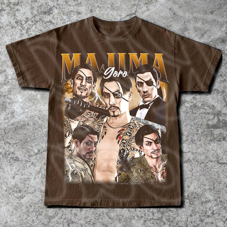 a brown shirt with a picture of two men on it