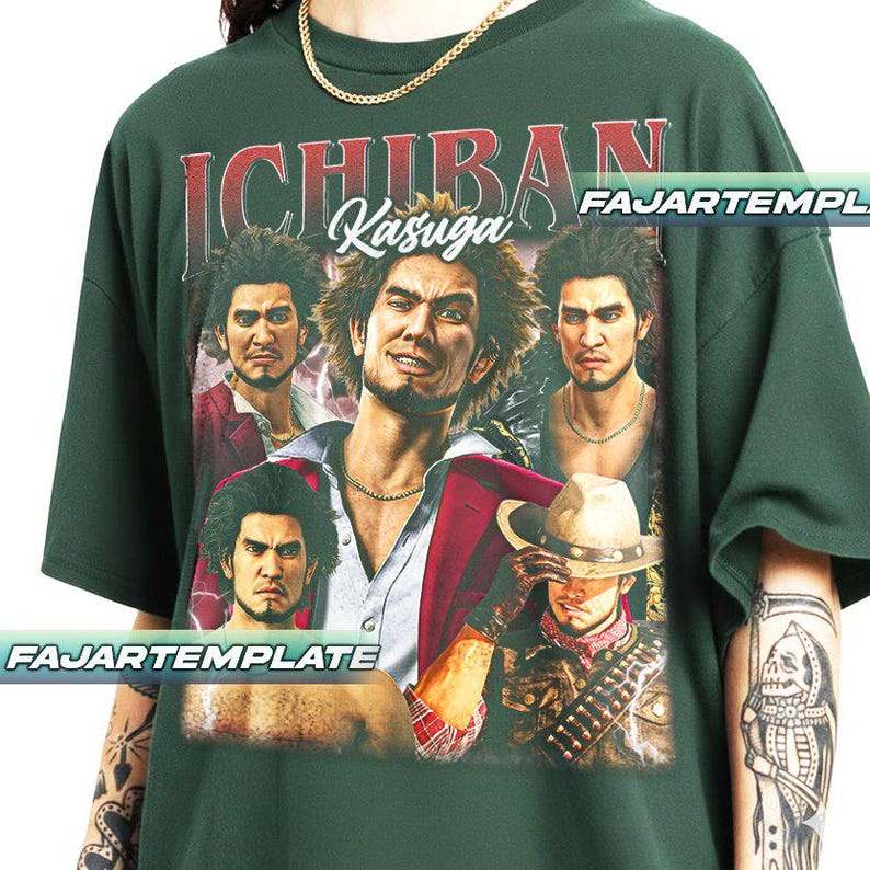 May include: Dark green t-shirt featuring a graphic of a man with the text "ICHIBAN Kasuga". The graphic includes multiple images of the same man in different outfits. The shirt has a relaxed fit.