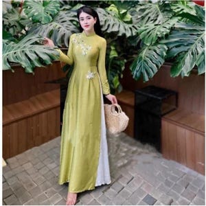Pre-make Vietnamese Traditional Ao Dai,  Wood grain silk ao dai with flower embellishments with pants for Women girl Ao Dai wedding party.