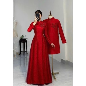 Red Wedding ao dai, bridal ao dai, red, white dress, bride groom couple&#39;s ao dai, Pre-make Vietnamese Traditional Ao Dai for Wedding