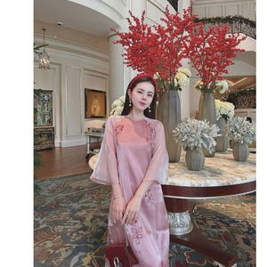 Embroidered flowers Ao Dai, pink dress, Pre-make Vietnamese Traditional Ao Dai with pant for Girls Women wedding party new year, áo dài thêu