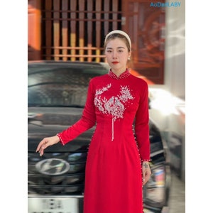 Pre-make Vietnamese Traditional Ao Dai, Wedding red ao dai with pants for Women girl Ao Dai Wedding  party