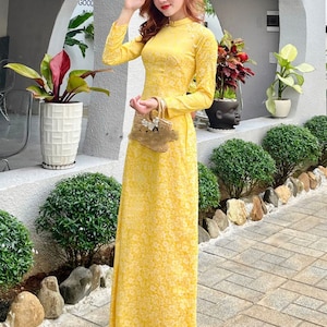 Brocade yellow ao dai, Brocade dress, Pre-make Vietnamese Traditional Ao Dai with pant for Girls Women wedding party, ao dai gam hoa nhi