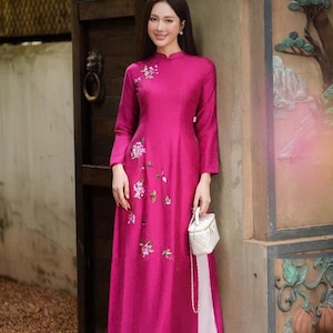 Pink Ao Dai, embroidered flowers dress, Pre-make Vietnamese Traditional Ao Dai with pant for Girls Women wedding party new year thêu hoa
