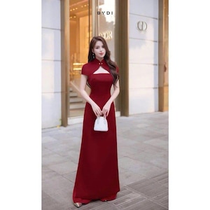 Modern bridal ao dai, red dress,  stylized neckline, Pre-make Vietnamese Traditional Ao Dai for girl, woman Wedding party