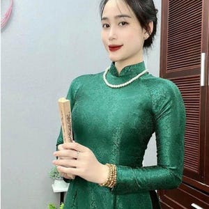 Grün Brokat Ao Dai, Kleid, Vorfertigen Traditionellen Vietnamesisch Ao Dai mit Hose für Mädchen Frauen Hochzeit Neujahr, áo dài gấm t? hoa