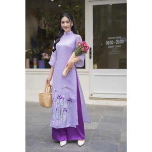 Embroidered ao dai, purple dress, Pre-make Vietnamese Traditional Ao Dai with pant for Girls Women wedding party new year