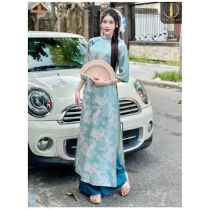 Seidenbrokat ao dai, Kleid. Pre-machen Sie Vietnamesisch Traditionelle Ao Dai mit Hose für Mädchen Frauen Hochzeitsfeier Neujahr, cổ tròn, nhiều màu