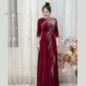 Mother&#39;s red Ao Dai  Velvet dress, Pre-make Vietnamese Traditional Ao Dai,  Suitable for Weddings, Parties oLounges with pant áo dài nhung