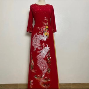 Mother&#39;s embroidered Ao Dai, dress, Pre-make Vietnamese Traditional Ao Dai, Suitable for Wedding with pant áo dài trung niên, tết, đính kết