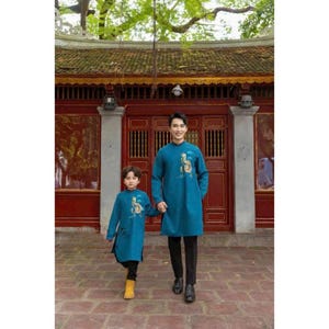 Pre-make Vietnamese Traditional Ao Dai, Dad boy ao dai, blue ao dai Traditional motifs no pants for boy, men Birthday gifts, party, new year