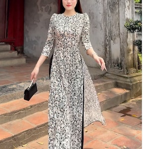 Black floral Ao Dai round neck, puffed sleeves, dress, Pre-make Vietnamese Traditional Women&#39;s Ao Dai for Girls Women wedding party