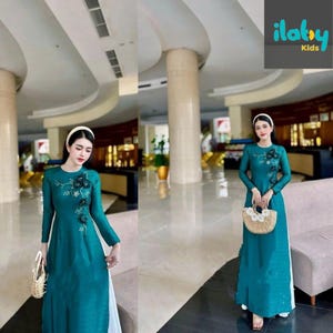 Holzkorn Seide Ao Dai mit geprägten Blumen Pre-machen Sie Traditionelle Vietnamesisch Ao Dai mit Hose für Mädchen Frauen Hochzeit Neujahr
