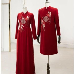 Red Wedding ao dai, bridal ao dai, dress with attach, bride groom couple&#39;s ao dai, Pre-make Vietnamese Traditional Ao Dai for Wedding