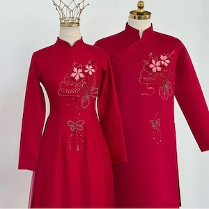 Red Wedding ao dai, dress flowers, bride groom couple&#39;s ao dai, Pre-make Vietnamese Traditional Ao Dai for Wedding no headband