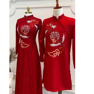 Wedding ao dai, red bridal ao dai, dress with attach, bride groom couple&#39;s ao dai,  Pre-make Vietnamese Traditional Ao Dai for Wedding
