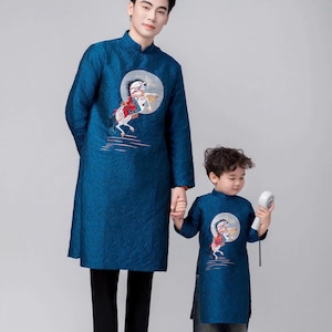 Pre-make Vietnamese Traditional Ao Dai, Dad boy ao dai, blue ao dai Traditional motifs no pants for boy, men Birthday gifts, party, new year