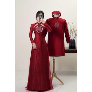 Wedding ao dai, red bridal ao dai, dress with attach  bead, Hot bride groom couple&#39;s ao dai,  Pre-make Vietnamese Traditional Ao Dai