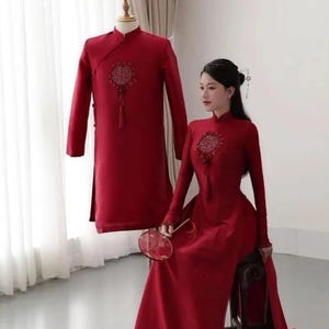 Red Wedding ao dai, bridal ao dai, dress with attach, bride groom couple&#39;s ao dai, Pre-make Vietnamese Traditional Ao Dai for Wedding M02
