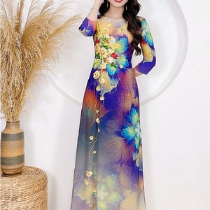 Vietnamese traditionele ao dai, zachte, rekbare ao dai met ronde hals voor dames met broek voor verjaardagscadeau, ao dai co tron