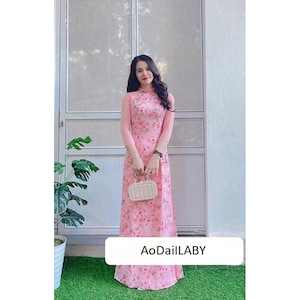 Pre-make Vietnamese Traditional Ao Dai, Pink floral ao dai , 4 panels with pants for Women girl Ao Dai party