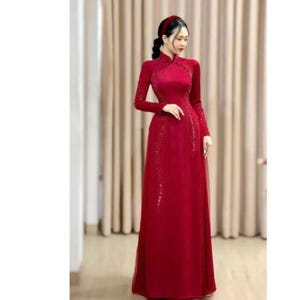 Wedding ao dai, red white bridal ao dai embellishment, Pre-make Vietnamese Traditional Ao Dai with pant for Girls Women wedding party