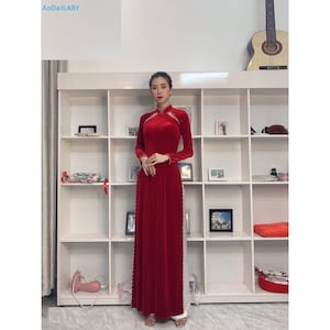 Pre-make Vietnamese Traditional Ao Dai, luxurious Wedding bridal red velvet ao dai with pants for Women girl Ao Dai Wedding  party