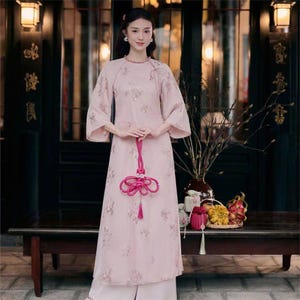 Pink ao dai, dress, Pre-make Vietnamese Traditional Ao Dai with pants for Girls Women birthday holiday, Ao Dai with round neck