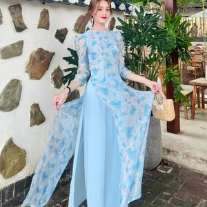 Blaue Blumen Ao dai 4 Übel, Puffärmel, Rundhalsausschnitt, Perlenkleid, Pre-made Vietnamesisch Traditionellen Ao Dai mit Hosen für Mädchen-Frauen