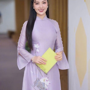 Purple ao dai, Lotus embroidery dress, Pre-make Vietnamese Traditional Ao Dai with pant for Girls Women wedding party new year