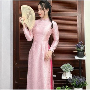 Pink brocade ao dai, dress, Pre-make Vietnamese Traditional Ao Dai with pant for Girls Women wedding party new year, Áo dài lụa gấm hoa hồng