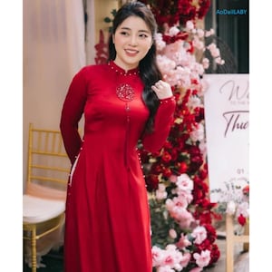 Pre-make Vietnamese Traditional Ao Dai, Wedding red white ao dai with pants for Women girl Ao Dai Wedding  party