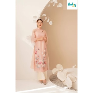 Pre-make Vietnamese Traditional Ao Dai, pink Ao Dai, attach flower, Beautifully luxurious design with pants for Women girl Ao Dai