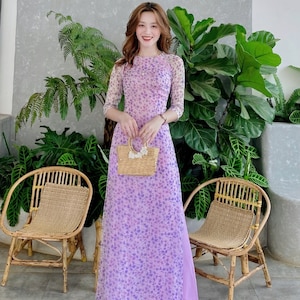 Kleine bloem ao dai, paarse moderne jurk, 4 evil, pre-make Vietnamese traditionele ao dai met broek voor meisjes vrouwen verjaardag zijden chiffon