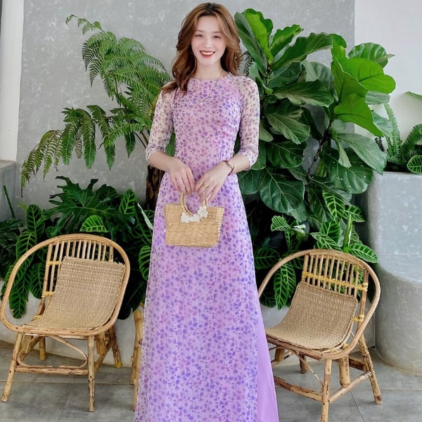 Little flower ao dai, purple Modern dress,4 evil, Pre-make Vietnamese Traditional Ao Dai with pants for Girls Women birthday silk chiffon