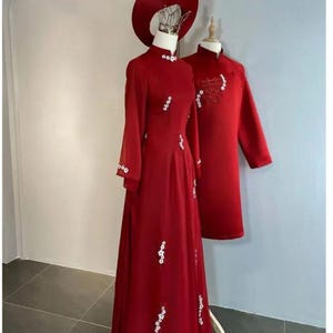 Wedding ao dai, red bridal ao dai, dress , bride groom couple&#39;s ao dai,  Pre-make Vietnamese Traditional Ao Dai for Wedding  (no headband )