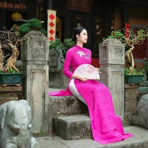 Embossed silk brocade Ao Dai, Pre-make Vietnamese Traditional Ao Dai , pink dress with pants for Women girl wedding party, gấm lụa