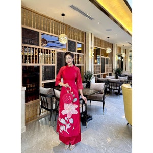 Pre-make Vietnamese Traditional Ao Dai, red Ao Dai, attach flower, bead, Beautifully luxurious design with pants for Women girl Ao Dai