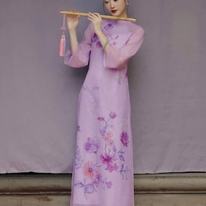 Pre-make Vietnamese Traditional Ao Dai , Printed silk, 4 soft panels, prominent floral motifs, light airy for Girls Women wedding party