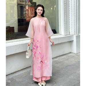 Pink Ao Dai, dress, Pre-make Vietnamese Traditional Ao Dai with pant for Girls Women wedding party new year áo dài đính kết, cổ tròn.