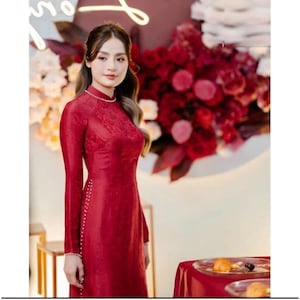 Modern bridal ao dai, red brocade dress,  Pre-make Vietnamese Traditional Ao Dai for girl, woman Wedding party