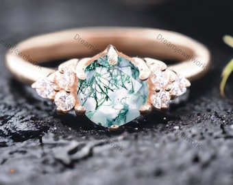 Natural Green Moss Agate Engagement Ring Aquatic Agate Promise Ring 9K Rose Gold Cluster Ring Healing Crystal Jewelry Custom Birthday Gifts
